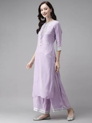 Indo Era Purple Embroidered Straight Kurta Palazzo With Dupatta Set 3