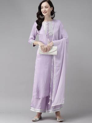 Indo Era Purple Embroidered Straight Kurta Palazzo With Dupatta Set 4
