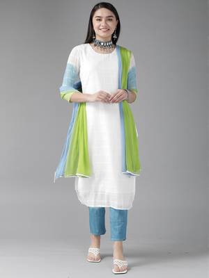 Indo Era White Solid Straight Kurta Trouser With Dupatta Set 1