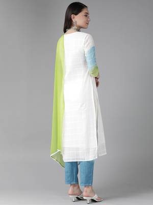 Indo Era White Solid Straight Kurta Trouser With Dupatta Set 2