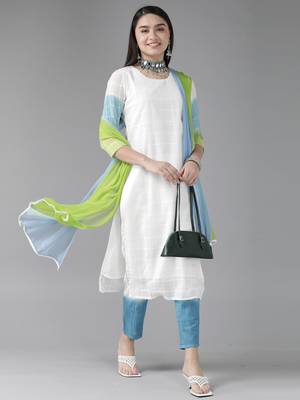 Indo Era White Solid Straight Kurta Trouser With Dupatta Set 4