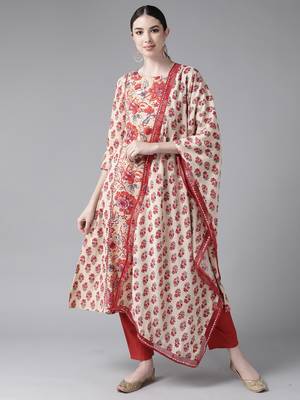 Indo Era Beige Printed Straight Kurta Trouser With Dupatta Set 1