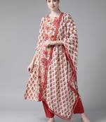 Indo Era Beige Printed Straight Kurta Trouser With Dupatta Set