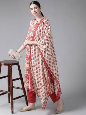 Indo Era Beige Printed Straight Kurta Trouser With Dupatta Set 4