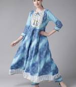 Indo Era Blue Embroidered A-line Kurta Trouser with Dupatta Set