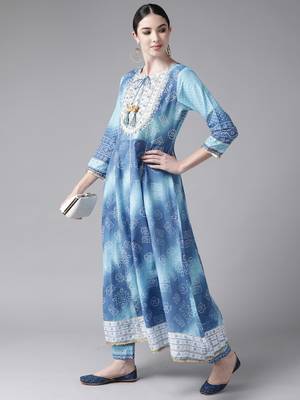 Indo Era Blue Embroidered A-line Kurta Trouser with Dupatta Set 3