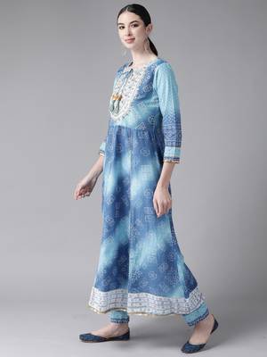 Indo Era Blue Embroidered A-line Kurta Trouser with Dupatta Set 4