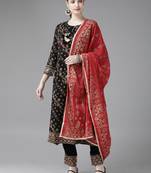 Indo Era Black Printed A-line Kurta Trouser with Dupatta Set