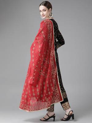 Indo Era Black Printed A-line Kurta Trouser with Dupatta Set 2