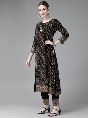 Indo Era Black Printed A-line Kurta Trouser with Dupatta Set 3