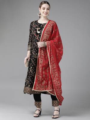 Indo Era Black Printed A-line Kurta Trouser with Dupatta Set 4