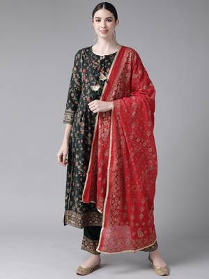 Indo Era Green Printed A-line Kurta Trouser with Dupatta Set 1
