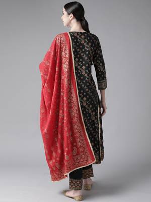 Indo Era Green Printed A-line Kurta Trouser with Dupatta Set 2