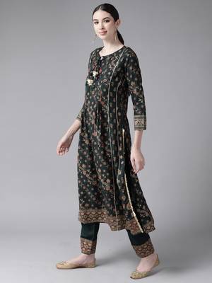 Indo Era Green Printed A-line Kurta Trouser with Dupatta Set 3
