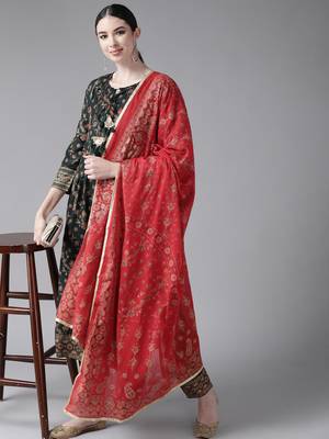Indo Era Green Printed A-line Kurta Trouser with Dupatta Set 4