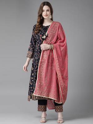 Indo Era Navy Blue Printed A-line Kurta Trouser with Dupatta Set 1