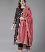 Indo Era Navy Blue Printed A-line Kurta Trouser with Dupatta Set