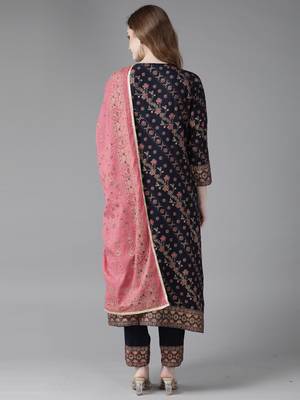 Indo Era Navy Blue Printed A-line Kurta Trouser with Dupatta Set 2