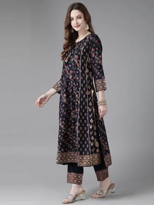 Indo Era Navy Blue Printed A-line Kurta Trouser with Dupatta Set 3