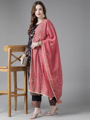 Indo Era Navy Blue Printed A-line Kurta Trouser with Dupatta Set 4