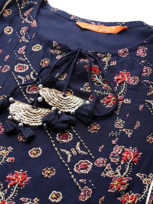 Indo Era Navy Blue Printed A-line Kurta Trouser with Dupatta Set 5