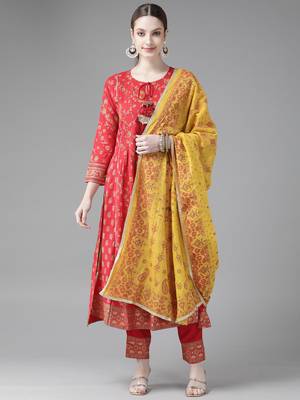 Indo Era Red Printed A-line Kurta Trouser with Dupatta Set 1