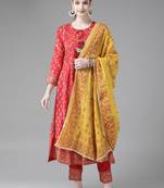 Indo Era Red Printed A-line Kurta Trouser with Dupatta Set
