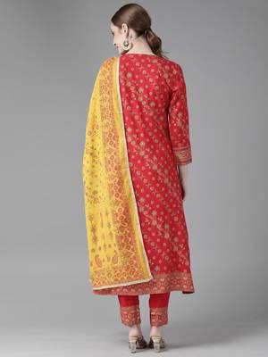 Indo Era Red Printed A-line Kurta Trouser with Dupatta Set 2