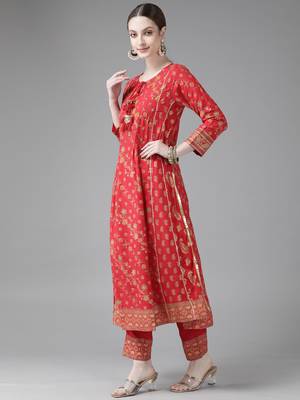 Indo Era Red Printed A-line Kurta Trouser with Dupatta Set 3