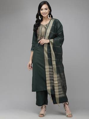 Indo Era Green Solid Straight Kurta Palazzo With Dupatta Set 1
