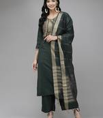 Indo Era Green Solid Straight Kurta Palazzo With Dupatta Set