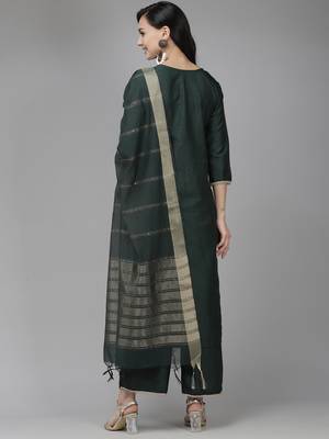 Indo Era Green Solid Straight Kurta Palazzo With Dupatta Set 2