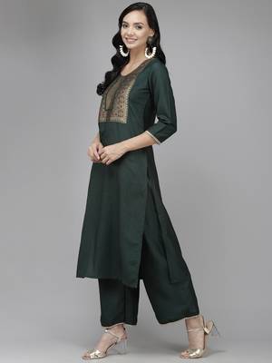 Indo Era Green Solid Straight Kurta Palazzo With Dupatta Set 3