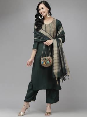 Indo Era Green Solid Straight Kurta Palazzo With Dupatta Set 4