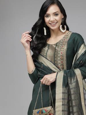 Indo Era Green Solid Straight Kurta Palazzo With Dupatta Set 5