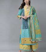 Indo Era Blue Bandhani Printed Straight Kurta Palazzo With Dupatta Set