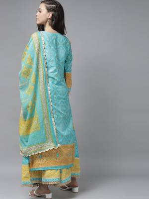 Indo Era Blue Bandhani Printed Straight Kurta Palazzo With Dupatta Set 2