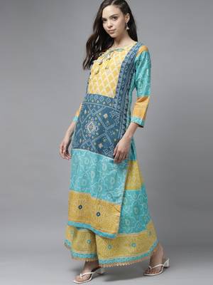 Indo Era Blue Bandhani Printed Straight Kurta Palazzo With Dupatta Set 3