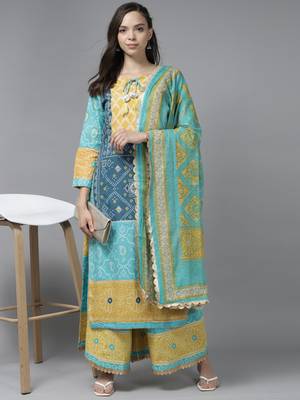 Indo Era Blue Bandhani Printed Straight Kurta Palazzo With Dupatta Set 4