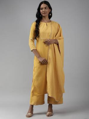 Indo Era Yellow Solid Straight Kurta Palazzo With Dupatta Set 1