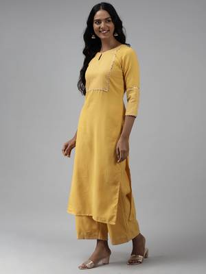 Indo Era Yellow Solid Straight Kurta Palazzo With Dupatta Set 3