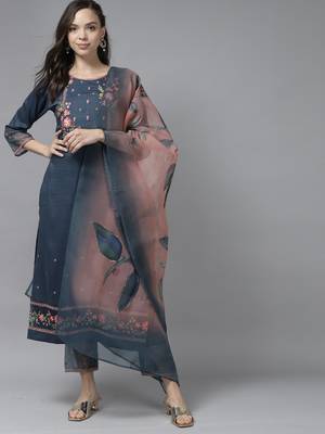 Indo Era Blue Floral Embroidered Straight Kurta Trouser With Dupatta Set 1
