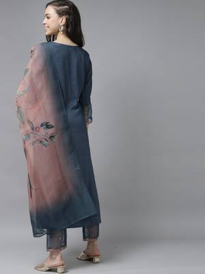 Indo Era Blue Floral Embroidered Straight Kurta Trouser With Dupatta Set 2