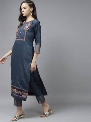 Indo Era Blue Floral Embroidered Straight Kurta Trouser With Dupatta Set 3