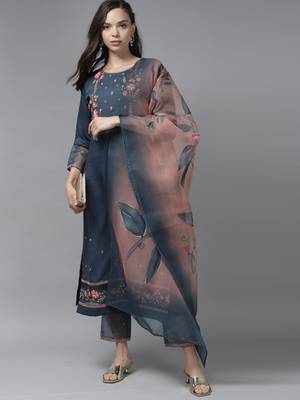 Indo Era Blue Floral Embroidered Straight Kurta Trouser With Dupatta Set 4
