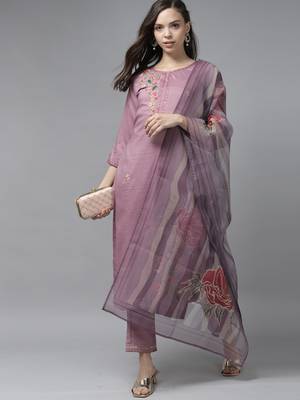 Indo Era Lavender Floral Embroidered Straight Kurta Trouser With Dupatta Set 1