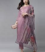 Indo Era Lavender Floral Embroidered Straight Kurta Trouser With Dupatta Set