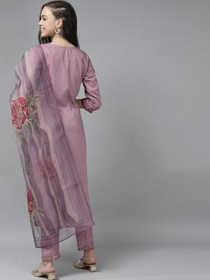 Indo Era Lavender Floral Embroidered Straight Kurta Trouser With Dupatta Set 2