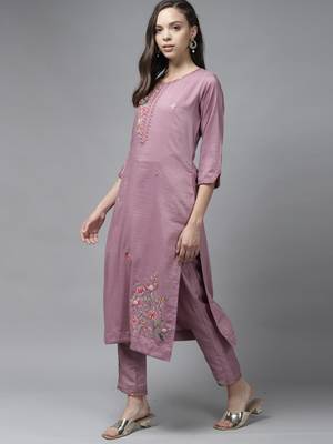 Indo Era Lavender Floral Embroidered Straight Kurta Trouser With Dupatta Set 3