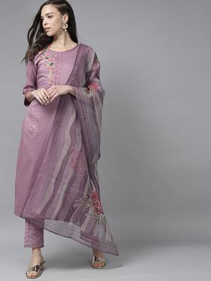 Indo Era Lavender Floral Embroidered Straight Kurta Trouser With Dupatta Set 4